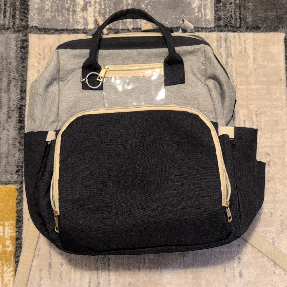 Canvas Black and Gray Diaper Bag with Cream Trim